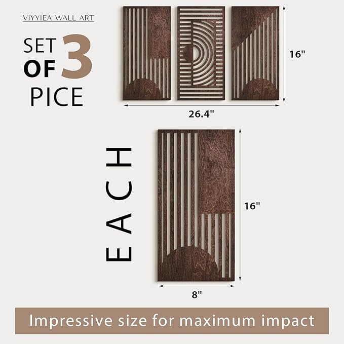 VIYYIEA Boho Solid Wood Carved Wall Art Set of 3, Geometric Minimalist Wooden - Image 2