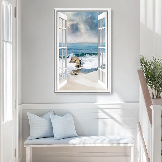 Framed Window Beach Scene Wall Art, Nature Blue Coastal Seascape Vertical - Image 5
