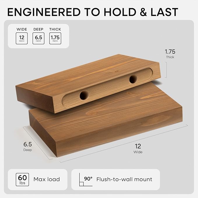 Homeforia 12 inch Golden Oak Floating Shelf, High End Solid Real Wood 12inch - Image 2