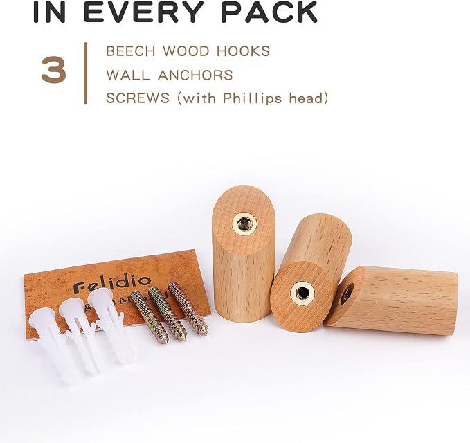 Felidio Wood Wall Hooks, 3 Pack Rustic Coat Hook Wall-Mounted, Decorative Hooks - Image 5