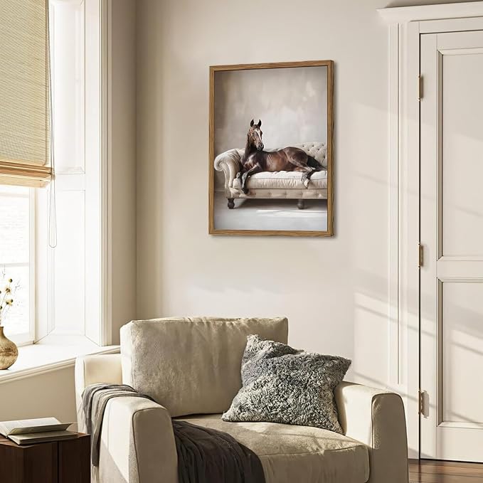 Framed Funny Horse Canvas Wall Art, Vintage Western Brown Horse On Sofa - Image 8