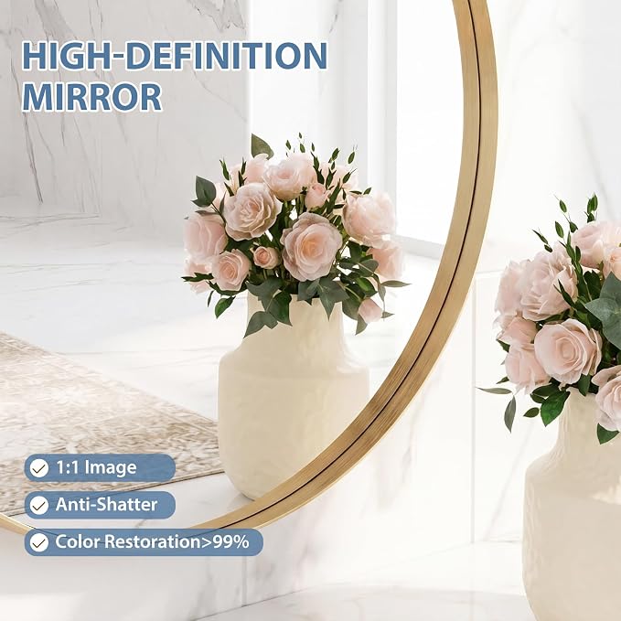 DUMOS 28-Inch Round Wall Mirror, Bathroom Wall Circle Mirror - Image 3