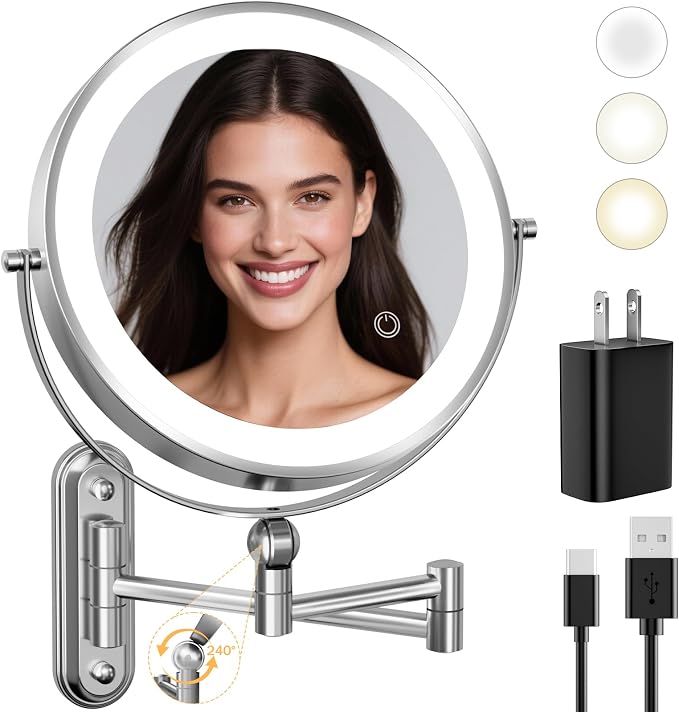 9" Wall Mounted LED Lighted Makeup Vanity Mirror - 4000mAh Rechargeable Double by Rocollos