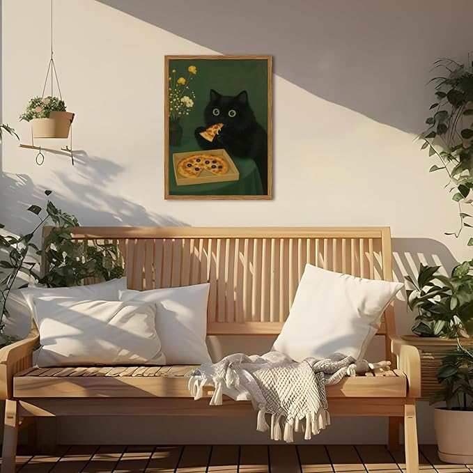Funny Black Cat Wall Art Whimsical Black Cat Eating Pizza Wall Decor Cute - Image 5