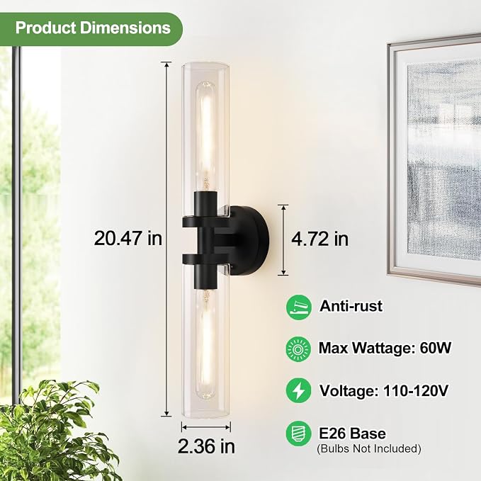 Wall Sconces Set of Two, Hardwired Matte Black Bathroom Sconces Wall Lighting - Image 4