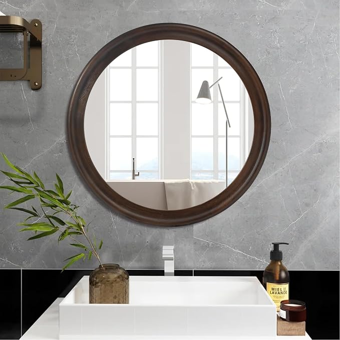 CULER Round Wall Mirrors 24 Inch, Wood Rustic Decorative Transitional Mirror - Image 5
