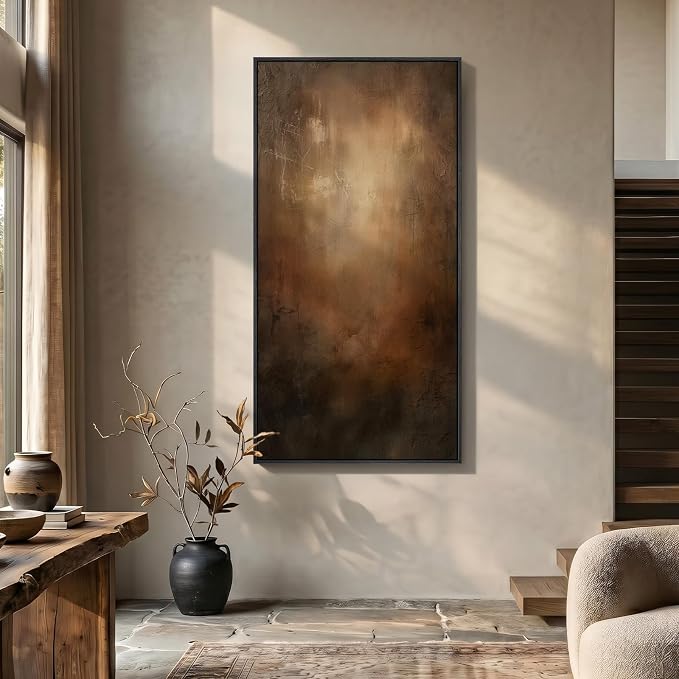 Large Framed Brown Black Abstract Wall Art, Modern Vertical Canvas Prints - Image 4