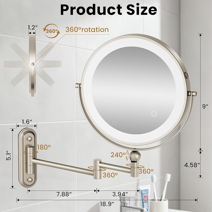 9" Wall Mounted LED Lighted Makeup Vanity Mirror - 4000mAh Rechargeable Double - Image 2