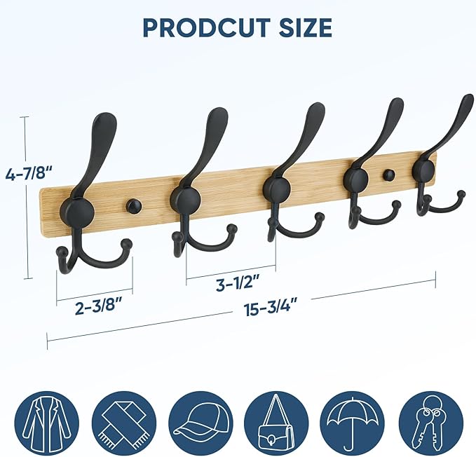 TICONN Wall Mounted Coat Rack, Five Heavy Duty Tri Hooks All Metal Construction - Image 2