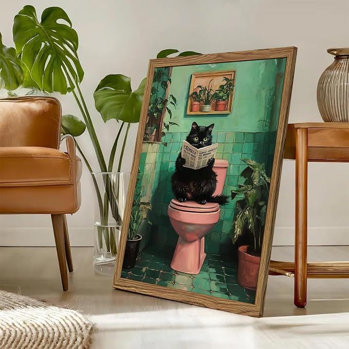 Funny Bathroom Cat Wall Art, Humorous Black Cat Restroom Wall Decor Paintings - Image 6