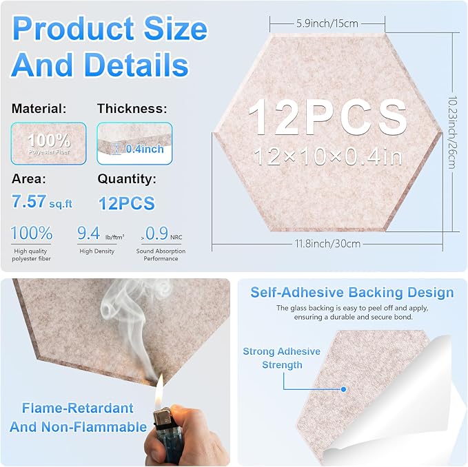 12 Pack Hexagon Acoustic Panels, Self-Adhesive Sound Deadening Panels, Sound - Image 2