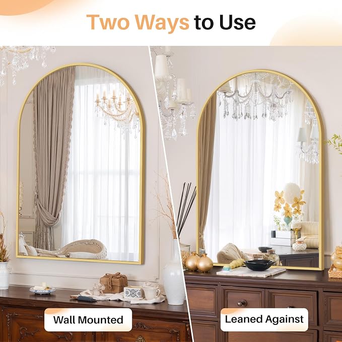 Bathroom Mirror for Wall, 38x26 Inch Arched Mirror, Matte Gold Metal Framed - Image 3