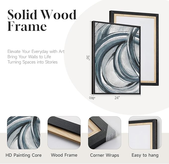 Framed Blue Gray Abstract Wall Art Set of 2, Modern Circle Line Canvas Artwork - Image 5