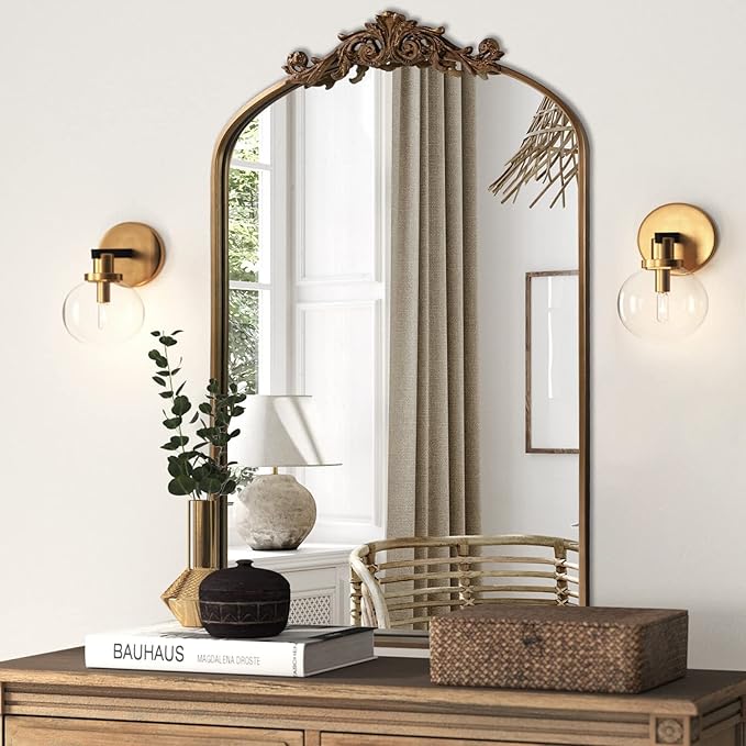 HQiJun Antique Gold Arched Baroque Mirror 24x36 - Image 2