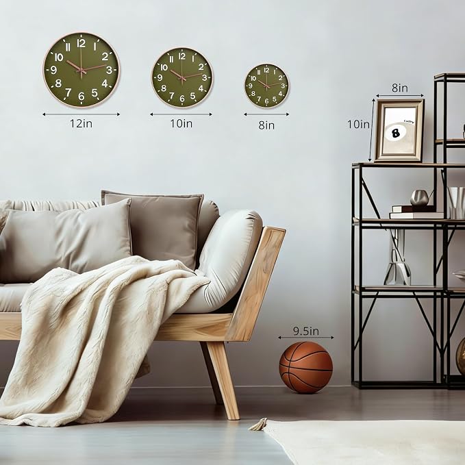 Wall Clock 12Inch Olive Green Modern Simple Quartz Decorative Clock Non-Ticking - Image 3