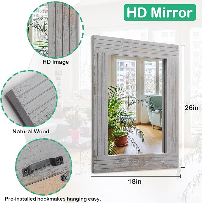 Large Rustic Wall Mirror, Rectangular Vintage Wood Framed Large Mirror Deco - Image 7