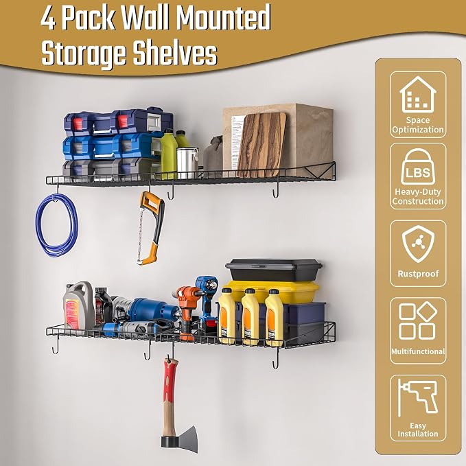 4 Pack Garage Wall Shelf, Garage Wall Mounted Shelving, Heavy Duty Floating - Image 3