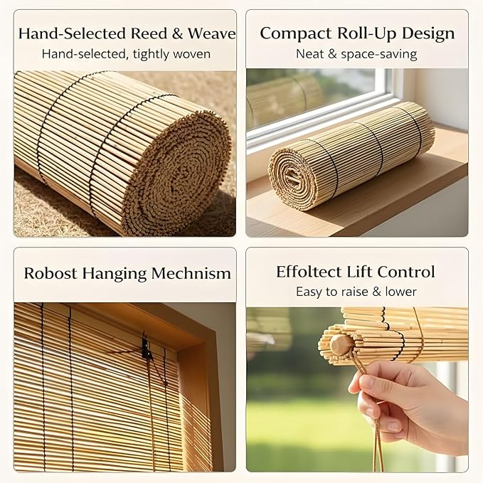 Blackout Bamboo Roller Shades for Outdoor Patio Reed Roll Up Blinds 24" 36" 48" - Image 4