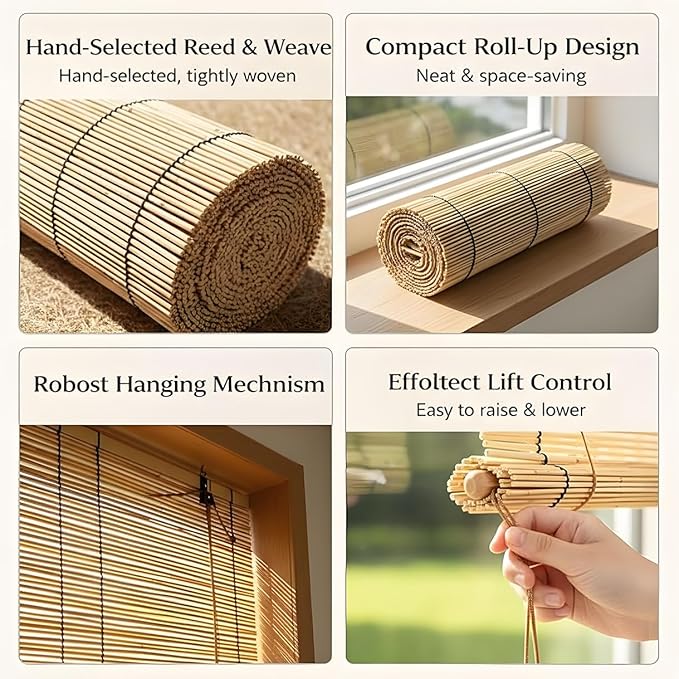 Blackout Bamboo Roller Shades for Outdoor Patio Reed Roll Up Blinds 24" 36" 48" - Image 4