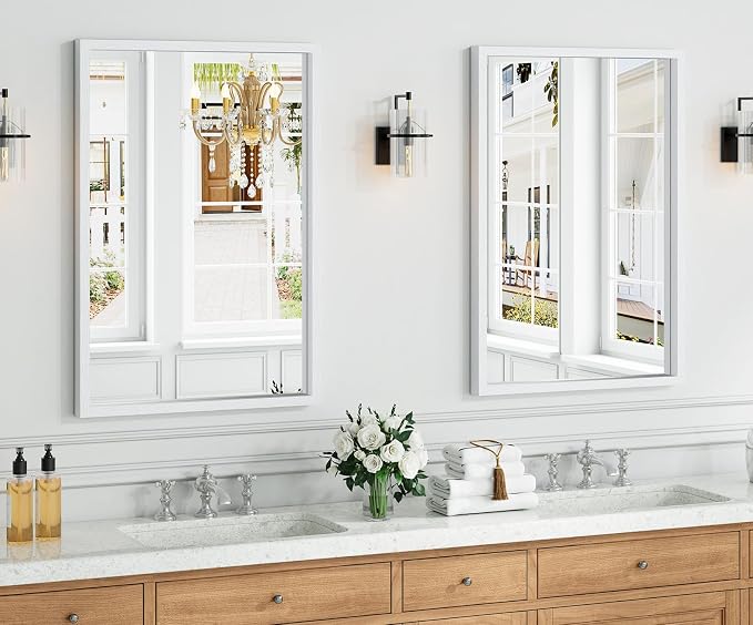Syndra White Wood Frame Bathroom Mirror, Waterproof Slim Deep Frame, - Image 2