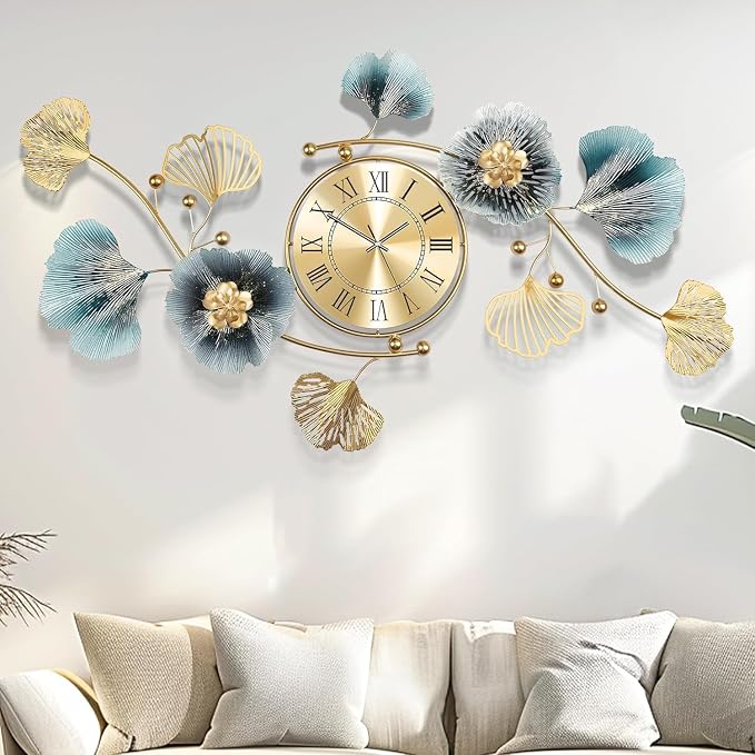 Wall Clocks for Living Room Decor, Large Wall Clock, 3D Creative Metal Ginkgo by Axioglo