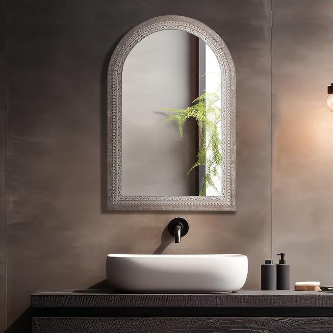 36x24 Inch Rustic Farmhouse Arched Wall Mirror, Boho Distressed Wooden Frame - Image 3