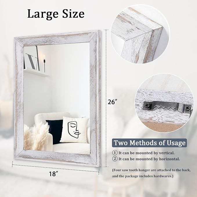 AAZZKANG Mirrors for Wall Rustic Wood Framed Hanging Mirror 26"x18" Decorative - Image 2