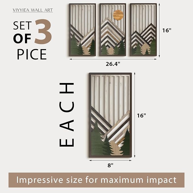 VIYYIEA Boho Solid Wood Carved Wall Art Set of 3, Geometric Minimalist Wooden - Image 2