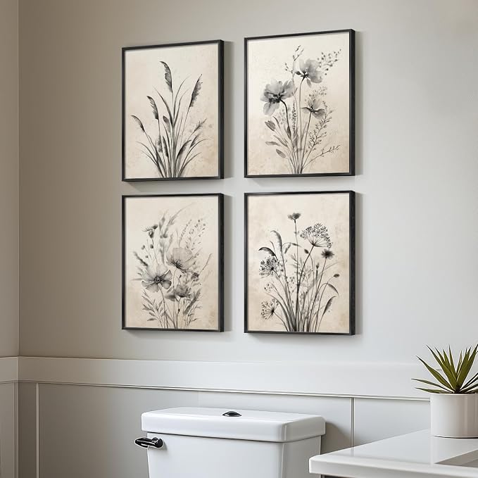Framed Boho Vintage Botanical Wall Art, 4 Piece Black and White Floral Canvas - Image 3