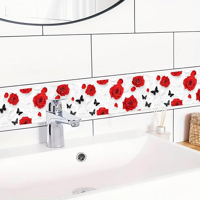 IVN Red Rose Black Butterfly Peel and Stick Wallpaper Border 4 x 196 Inch Self - Image 5