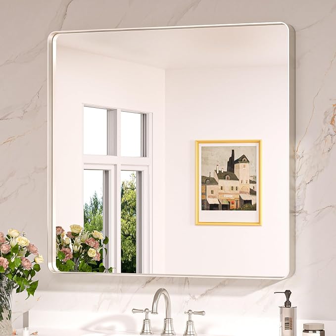 Keonjinn Brushed Nickel Wall Mirror, 36 x 36 Inch Large Square Silver Bathroom by Keonjinn