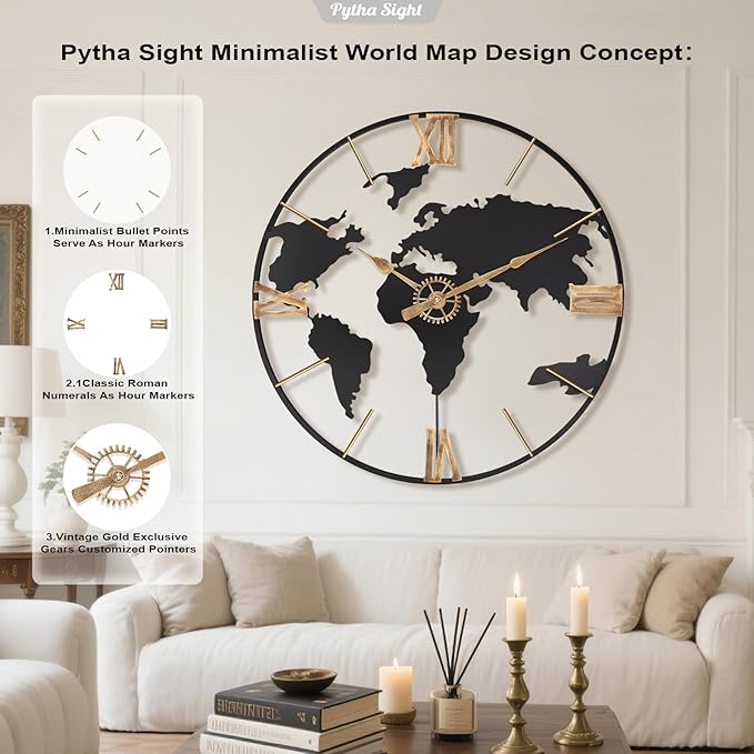 Pytha Sight 30 Inch Large Modern Decorative Metal World Map Wall Clocks Giant - Image 3