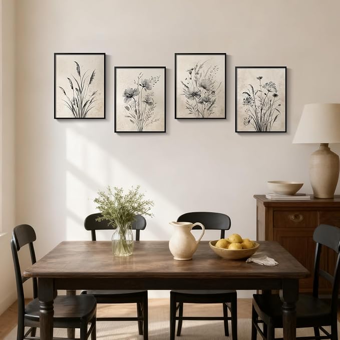 Framed Boho Vintage Botanical Wall Art, 4 Piece Black and White Floral Canvas - Image 5