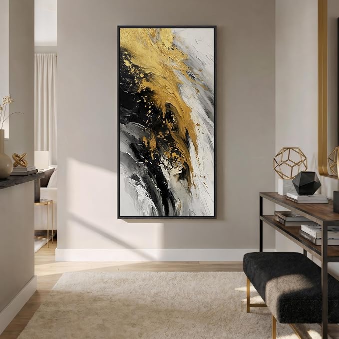 Large Framed Black and White Gold Abstract Wall Art, Modern Vertical Canvas - Image 4