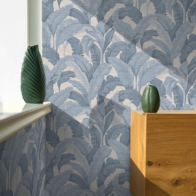 Tempaper Textured Blue Layered Palm Faux Grasscloth Removable Peel and Stick - Image 4