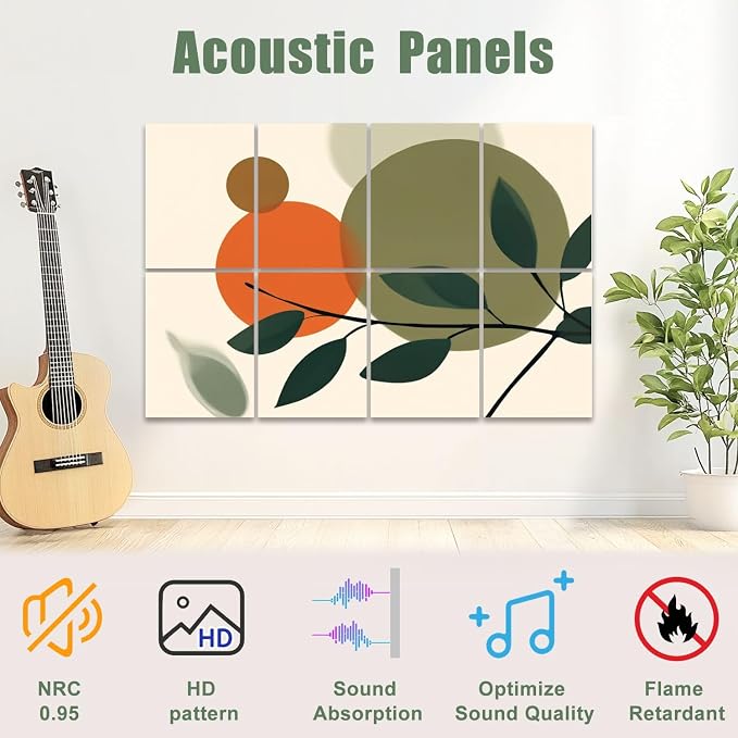 8 Pack Art Acoustic Panels Sound Absorbing Boho Botanical Leaf Orange Green - Image 3