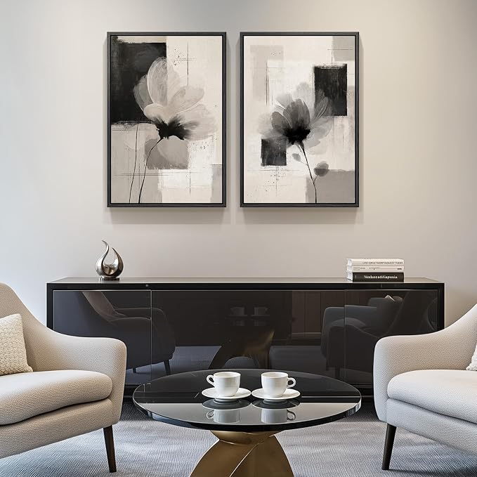 Framed Neutral Abstract Floral Wall Art, 2 Piece Black and Beige Minimalist - Image 4