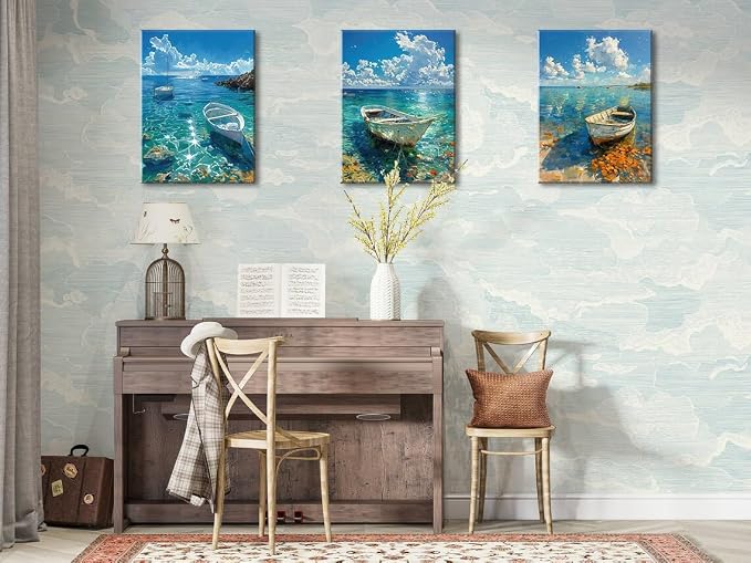 Ocean Seascape Wall Art Nautical Boat on Beach Canvas Picture Framed Art - Image 5