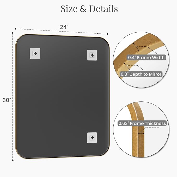 2-Pack 24x30 Inch Matte Gold Bathroom Vanity Mirrors | Flush Mount Deep Set - Image 6