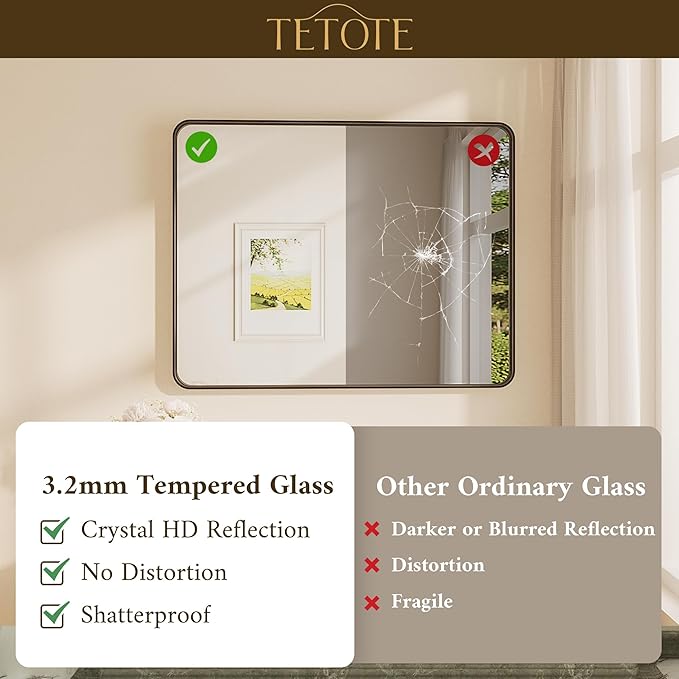 TETOTE 48 x 24 Inch Black Frame Mirror, Bathroom Vanity Mirror - Image 4