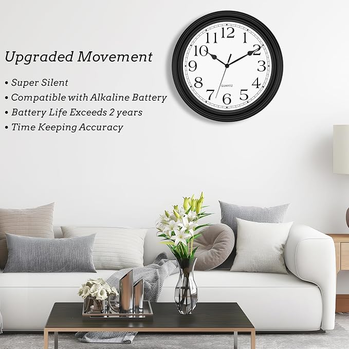 Foxtop 14 Inch Wall Clock Battery Operated Silent Non-Ticking Round Classic - Image 3