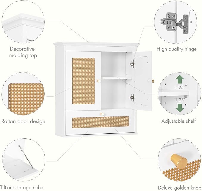 Spirich Bathroom Wall Cabinet Over Toilet, Boho Rattan Medicine Cabinet - Image 5
