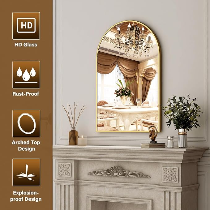 XRAMFY 24"x36" Gold Arched Bathroom Mirror - Image 5