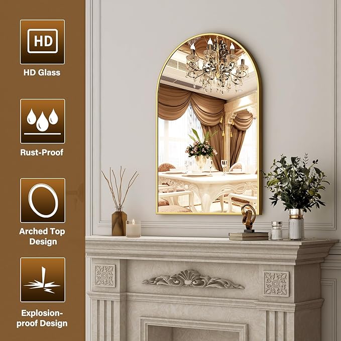XRAMFY 20"x30" Gold Arched Bathroom Mirror - Image 5
