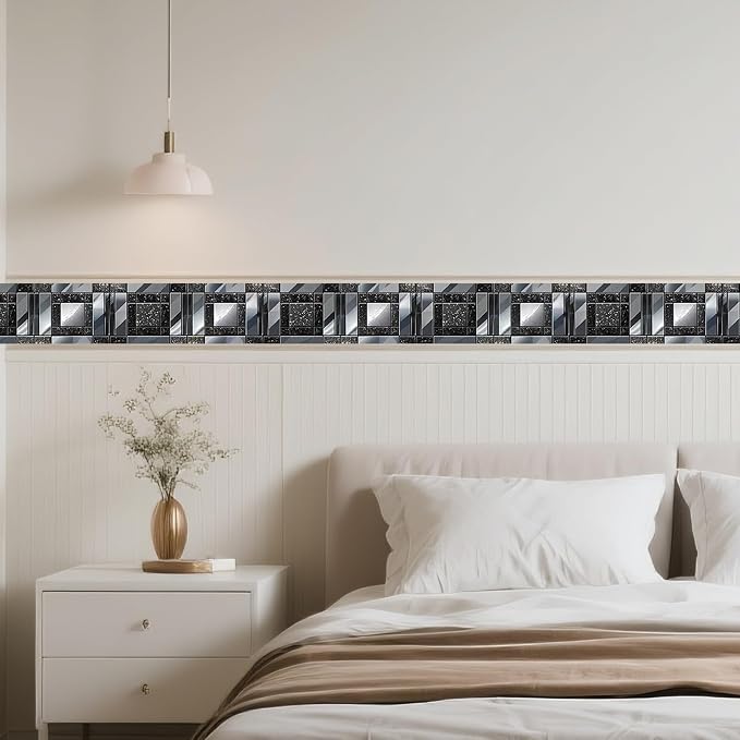 IVN Wallpaper Border Peel and Stick Wall Black and Silver Mosaic Decorative - Image 2