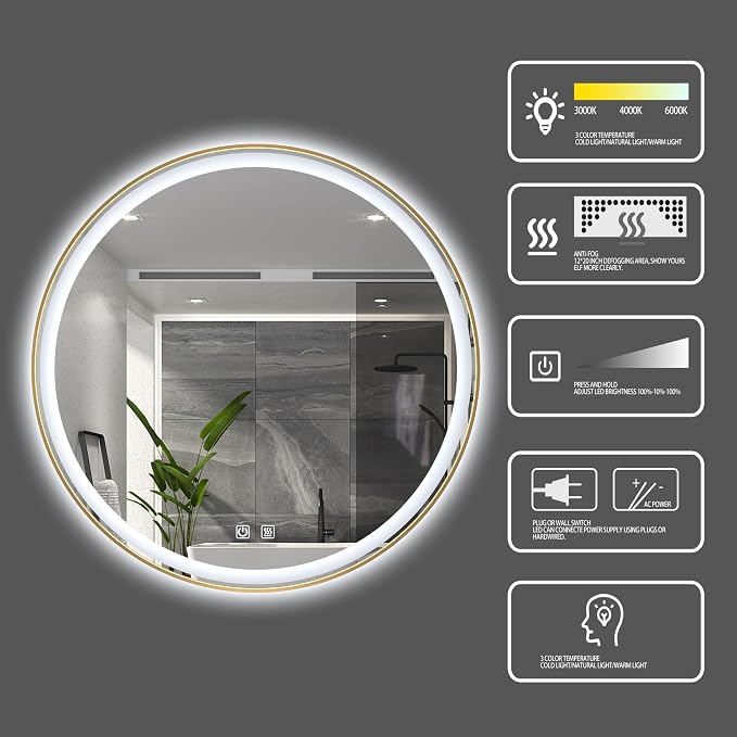 Itrue 36 Inch LED Bathroom Round Mirror, Adjustable Color Temp & Brightness - Image 2