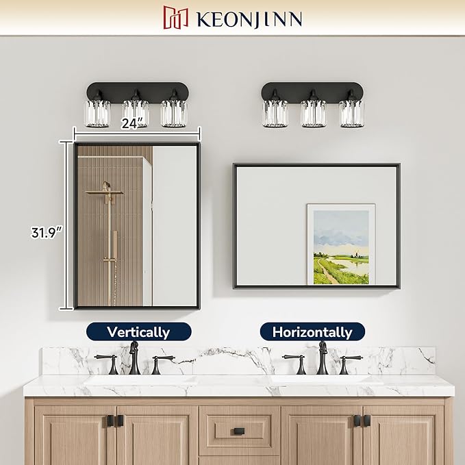 Keonjinn 24 x 32 Inch Black Bathroom Mirror, Beveled Rectangle Framed Mirror - Image 5