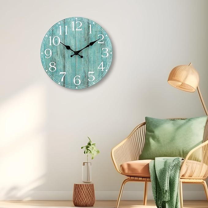 Wall Clock, Teal Silent Non-Ticking Battery Operated, Kitchen Rustic Vintage - Image 3