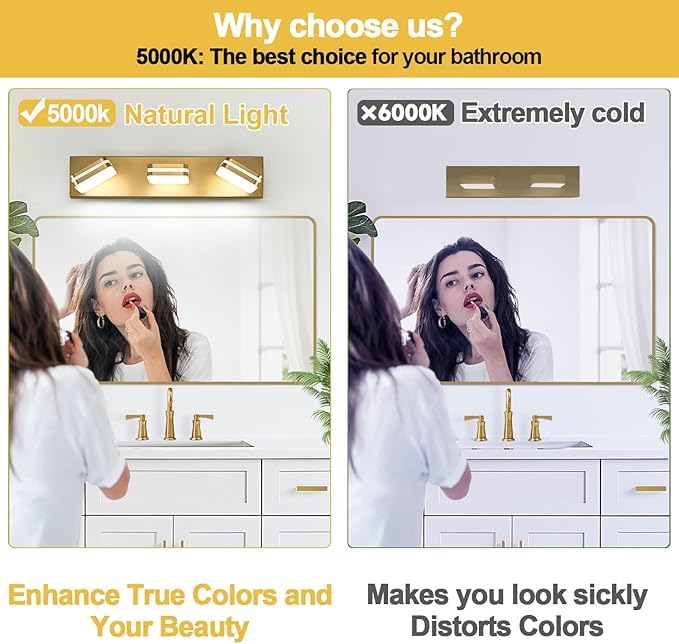 360° Rotate LED Bathroom Vanity Light Fixtures, 1300LM Acrylic Gold Vanity - Image 3