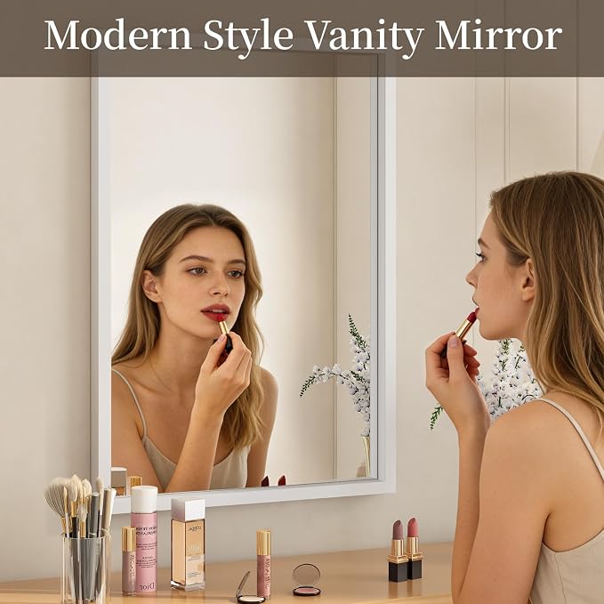 Syndra White Wood Frame Bathroom Mirror, Waterproof Slim Deep Frame, - Image 4